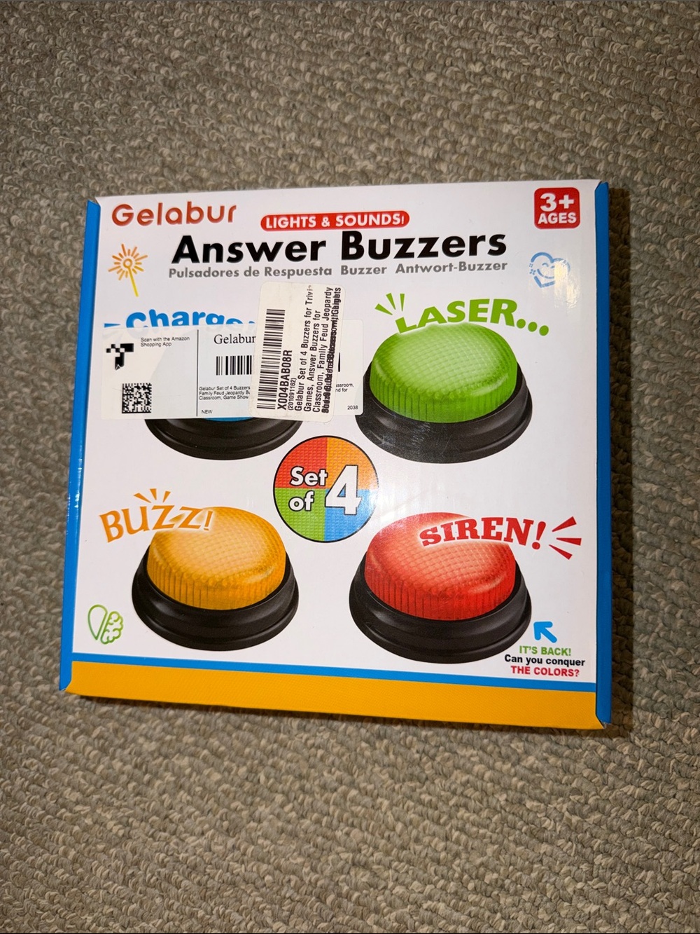 NWT Gelabur Answer Buzzers Set of 4: Red, Green, Yellow, Orange Light & Sound 3+